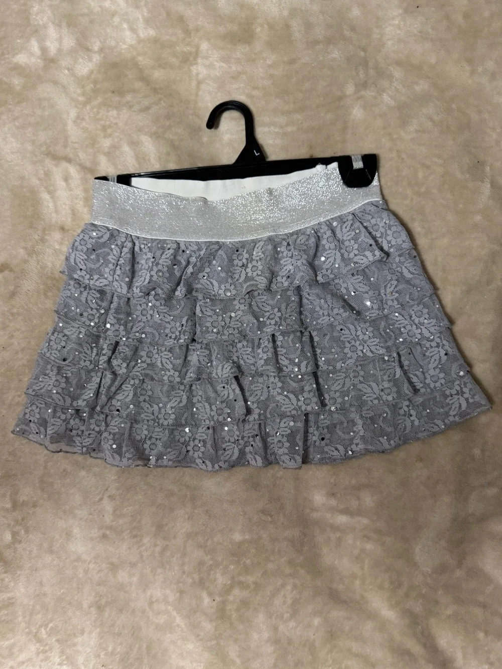 Justice Silver Gray Tiered Lace Sequin Mini Skirt